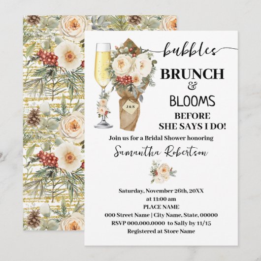 Bubbles Brunch & Bloom Bruidsuitnodiging Winter Bl Kaart (Voorkant / Achterkant)