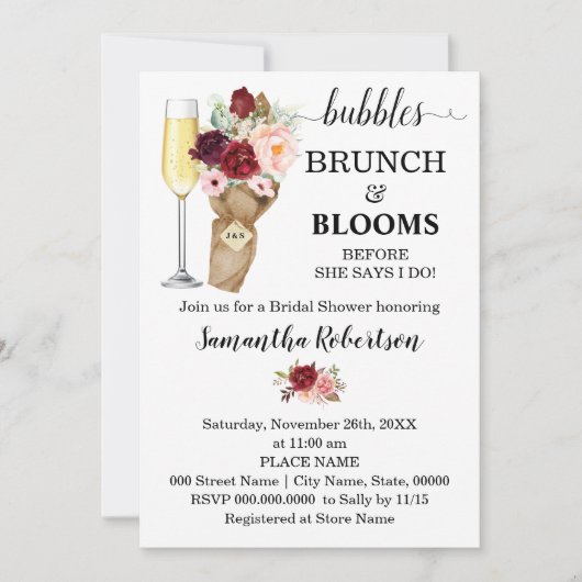 Bubbles Brunch & Blooms Marsala Vrijgezellenfeest Kaart (Voorkant)