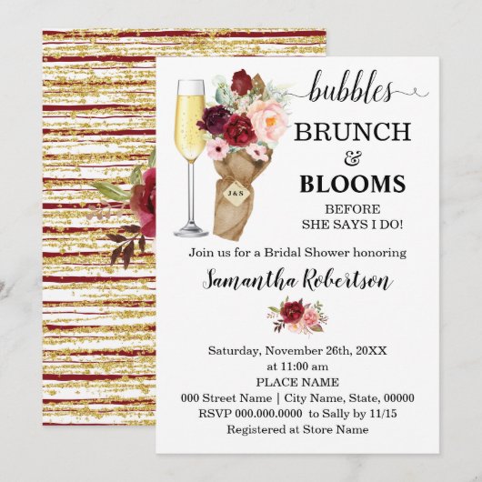 Bubbles Brunch & Blooms Marsala Vrijgezellenfeest Kaart (Voorkant / Achterkant)