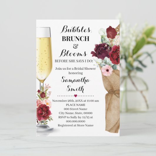 Bubbles Brunch & Blooms Marsala Vrijgezellenfeest Kaart (Staand voorkant)
