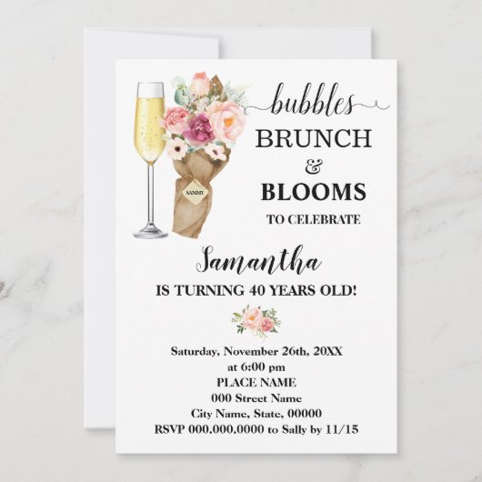 Bubbles Brunch & Blooms Roze Bloemen Verjaardag Kaart (Voorkant)