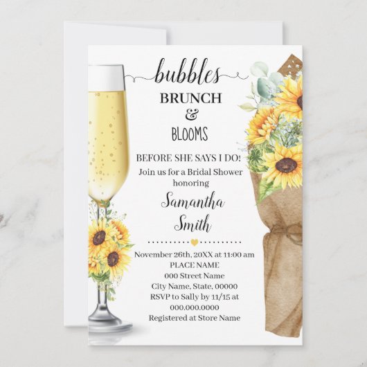 Bubbles Brunch & Blooms Sunflower Vrijgezellenfees Kaart (Voorkant)