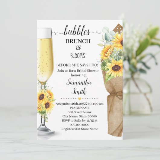 Bubbles Brunch & Blooms Sunflower Vrijgezellenfees Kaart (Staand voorkant)