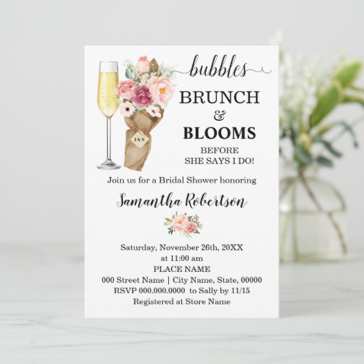 Bubbles Brunch & Blooms Vrijgezellenfeest Roze blo Kaart (Staand voorkant)
