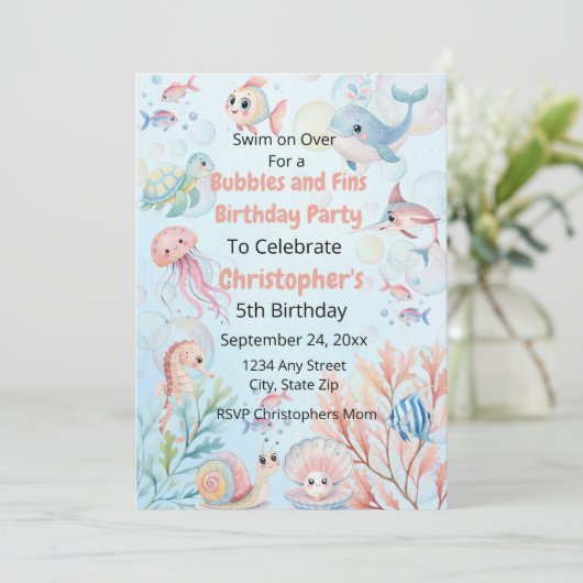 Bubbles & Fins Children's Birthday  Kaart (Staand voorkant)