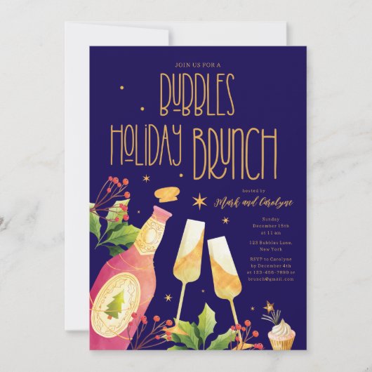 Bubbles Holiday Brunch Party Invitation Sjabloon Kaart (Voorkant)