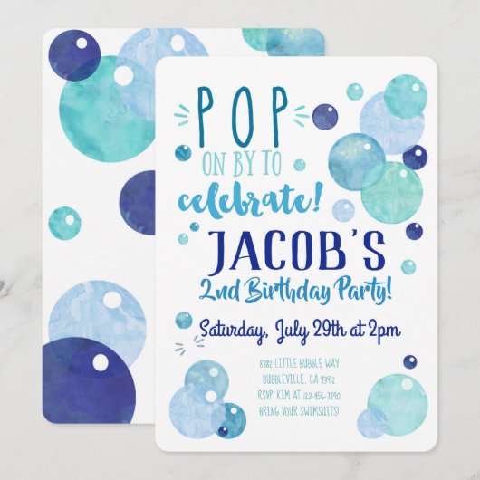 Bubbles Invitation Bubble Birthday Party Blue Boy Kaart (Voorkant / Achterkant)
