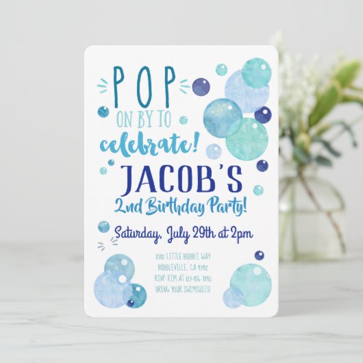 Bubbles Invitation Bubble Birthday Party Blue Boy Kaart (Staand voorkant)