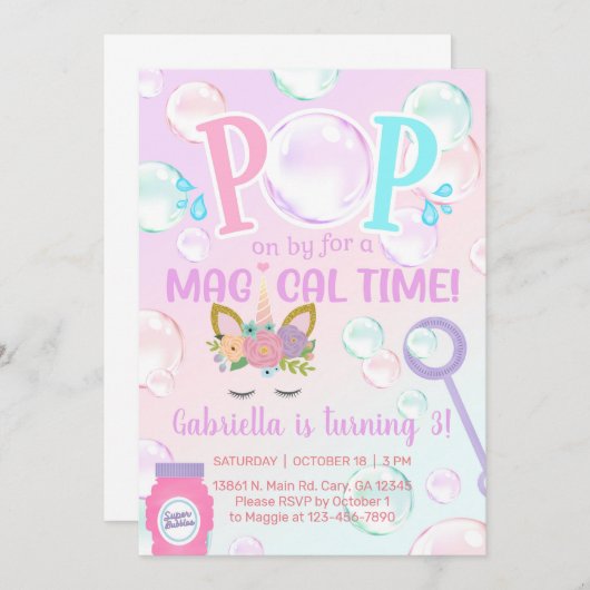 Bubbles pop op uitnodiging voor meisjesverjaardag. (Voorkant / Achterkant)
