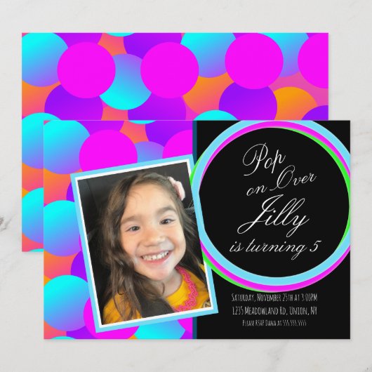 Bubbles Pop over Neon Theme Foto Birthday Party Kaart (Voorkant / Achterkant)