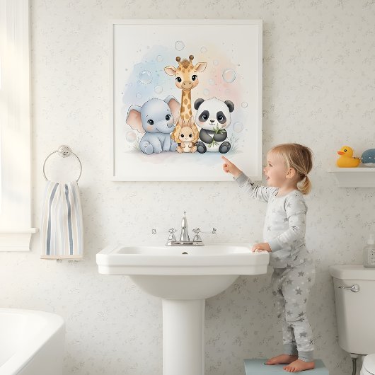 Bubbles & Smiles Animals Kids Bathroom Wall Art Poster
