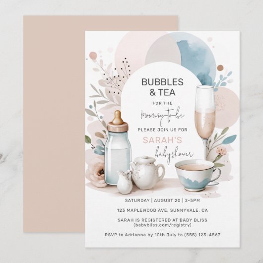 Bubbles & Tea Baby shower Uitnodiging voor mama om (Voorkant / Achterkant)