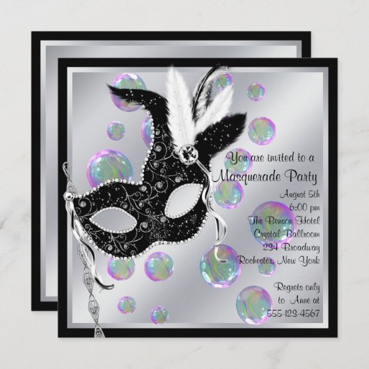 Bubbles Zwart-wit Masquerade Party Kaart (Voorkant / Achterkant)