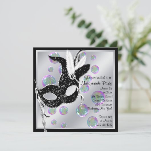 Bubbles Zwart-wit Masquerade Party Kaart (Staand voorkant)