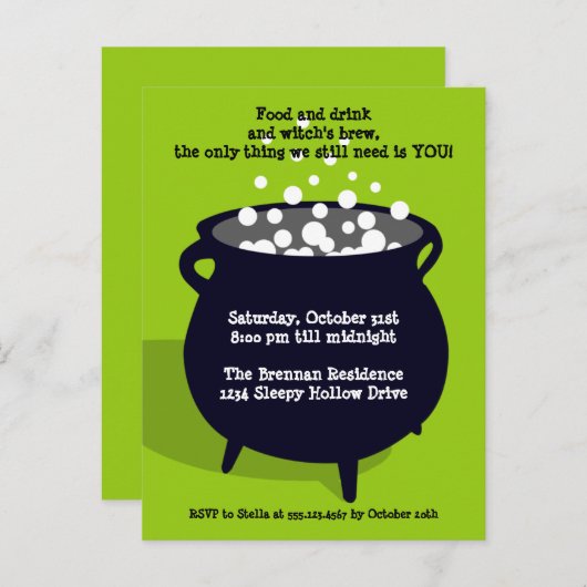 Bubbling cauldron potion green Halloween party Uitnodiging Briefkaart (Voorkant / Achterkant)