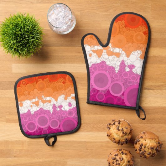 Bubbly Bohemian Groovy Abstract Lesbisch Pride Fla Ovenwant & Pannenlap Set (Top down)
