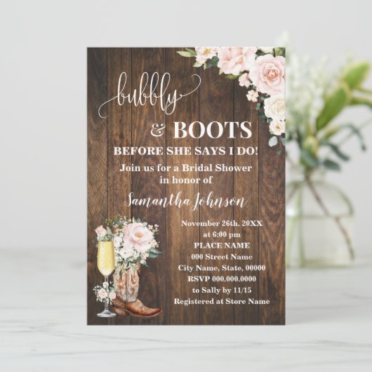 Bubbly & Boots Vrijgezellenfeest Roze Bloemen West Kaart (Staand voorkant)