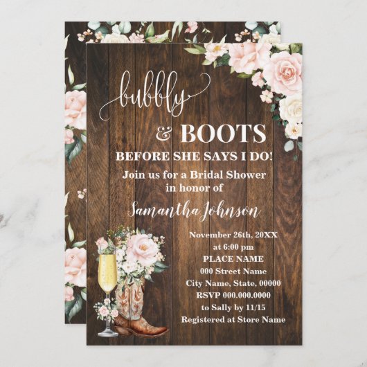 Bubbly & Boots Vrijgezellenfeest Roze Bloemen West Kaart (Voorkant / Achterkant)