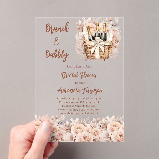 Bubbly brunch beige perzik rozen Vrijgezellenfeest Acryl Uitnodigingen (Insitu (Draagbaar))