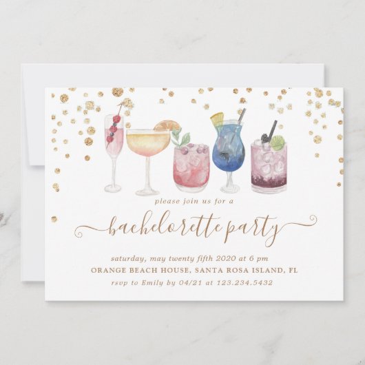 Bubbly Cocktails Gold Glitter Bachelorette Party Kaart (Voorkant)