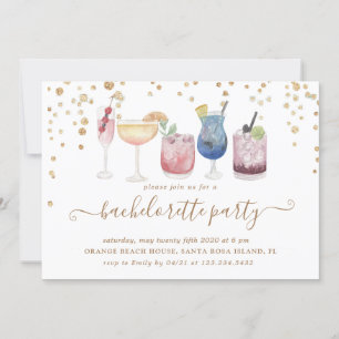 Bubbly Cocktails Gold Glitter Bachelorette Party Kaart