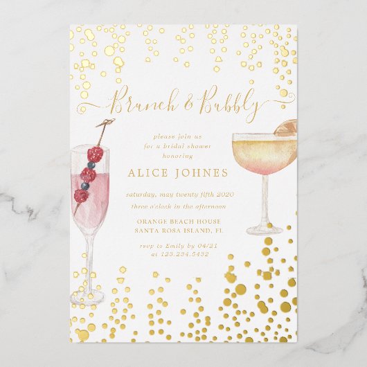 Bubbly Cocktails Gold Glitter Bridal Brunch Folie Uitnodiging (Voorkant)