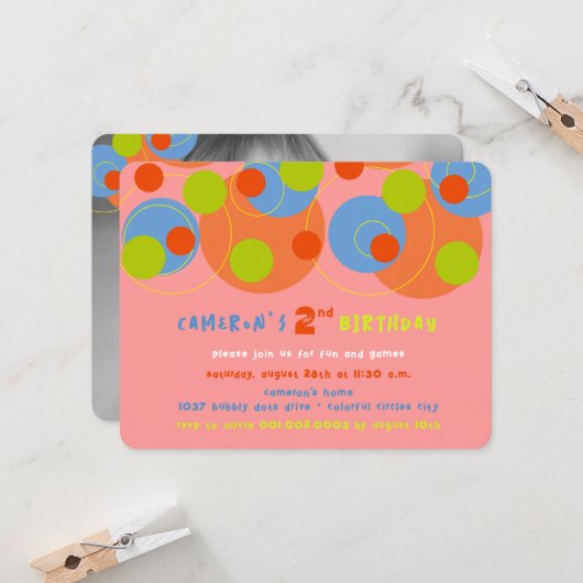 Bubbly Kleurrijke Stippen Kind Foto Meisje Verjaar Kaart (Voorkant / Achterkant in situ)