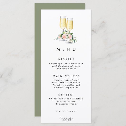 Bubbly roze bloemengroen bruiloft menu kaarten (Voorkant / Achterkant)