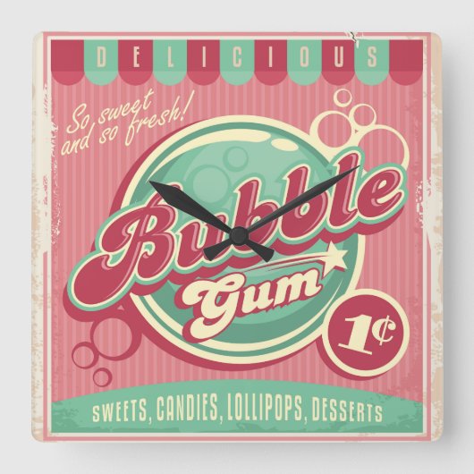 Bubelgumwandklok Vierkante Klok (Voorkant)