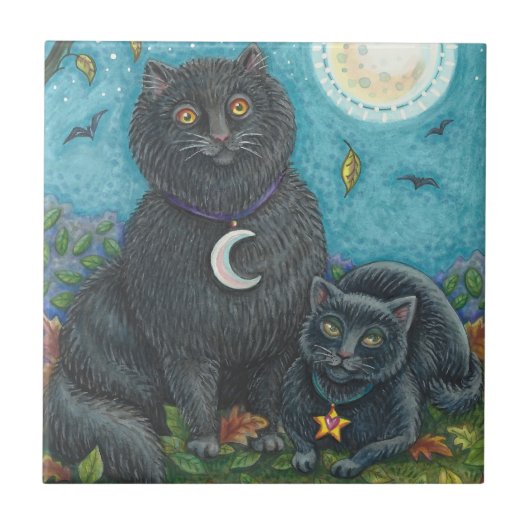 BUBO- EN PYEWACKET BLACK-CATS, HALLOWEEN FOLK ART TEGELTJE (Voorkant)