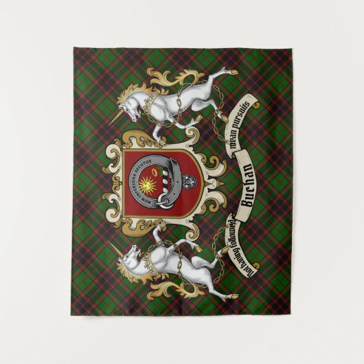 Buchan Clan Badge & Unicorns met Tartan Wandkleed (Voorkant)