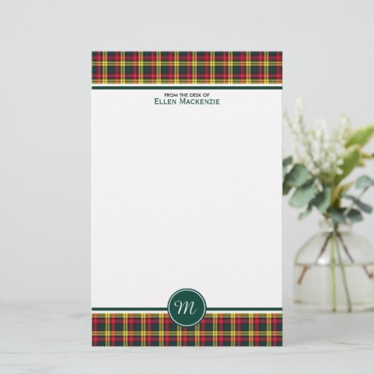 Buchanan Clan Tartan Rood en Geel Plaid Monogram Briefpapier (Staand voorkant)
