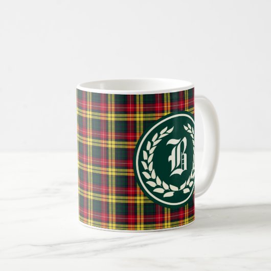 Buchanan Familie Rood en Geel Tartan Monogram Koffiemok (Voorkant rechts)