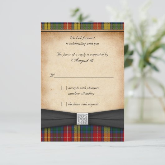Buchanan Tartan Huwelijksreactie RSVP Kaart Versie (Staand voorkant)