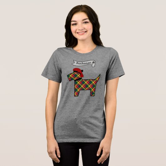 Buchanan Tartan Scottie Dog Personalized Tri-Blend Shirt (Voorkant volledig)