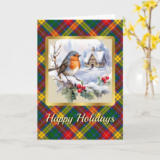 Buchanan Tartan w/Robin Gepersonaliseerde Xmas Kaart (Gele Bloem)
