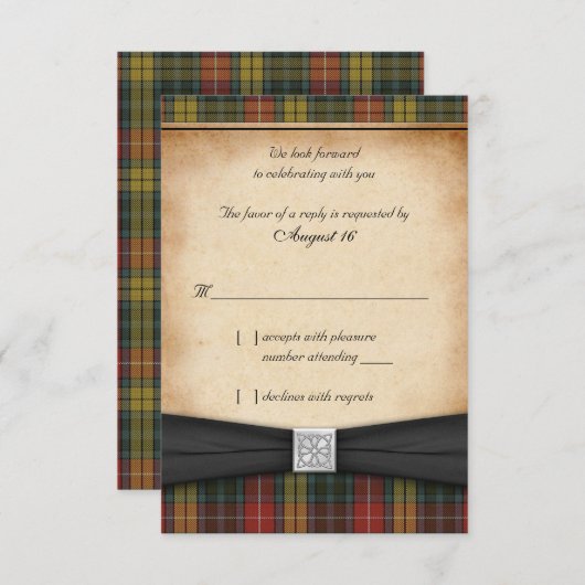 Buchanan Weathered Tartan Wedding Reply RSVP Card (Voorkant / Achterkant)