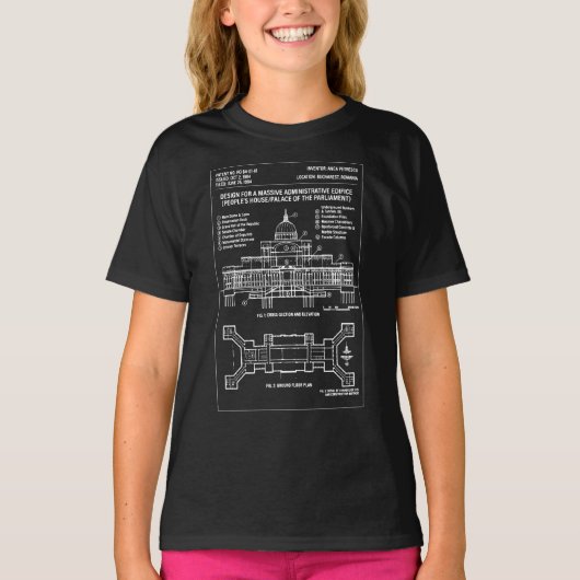 bucharest parliament blueprint patent design t-shirt (Voorkant)