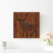 Buck Deer Carved In Wood Printed Vierkante Klok (Huis)