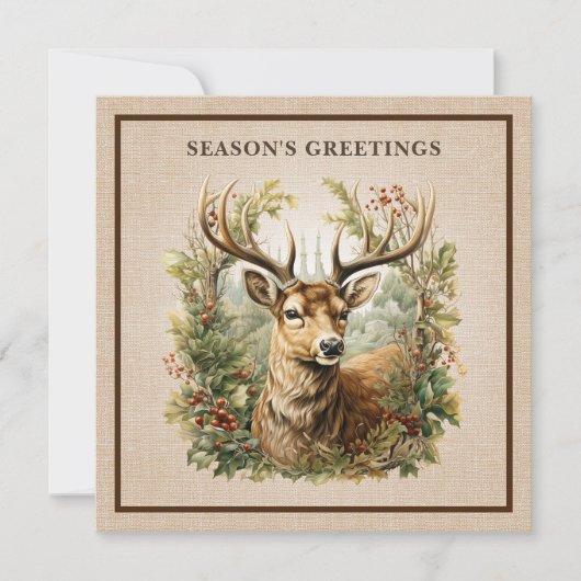 Buck Deer Rustic Elegant Woodland Burlap Luxury Feestdagenkaart (Voorkant)