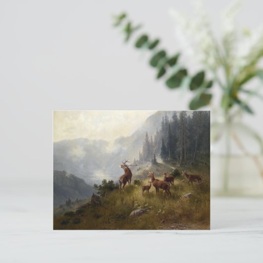 Buck & Doe Deer Herd in Forest Landscape Art Briefkaart (Staand voorkant)