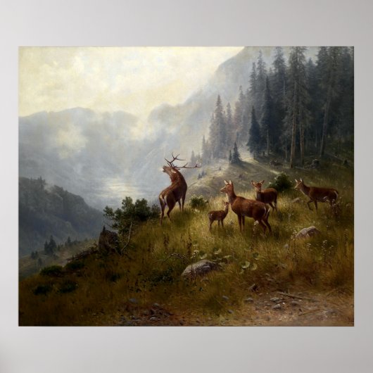 Buck & Doe Deer Herd in Forest Landscape Art Poster (Voorkant)