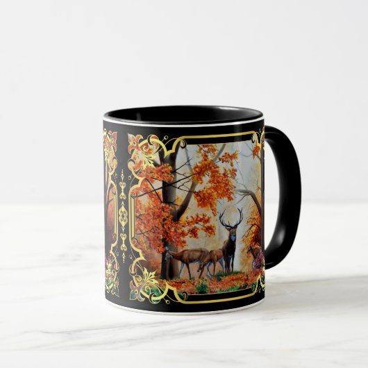 Buck/doe hert in herfst bos/fancy ontwerp mok (Voorkant rechts)