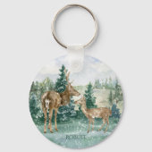 Buck Doe Snow Forest Winter Scene Monogram Sleutelhanger (Voorkant)