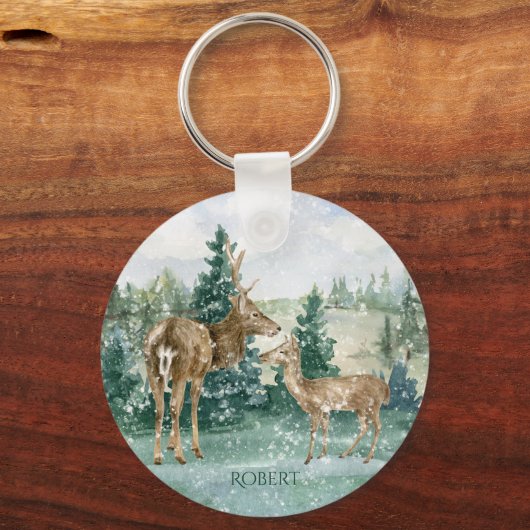 Buck Doe Snow Forest Winter Scene Monogram Sleutelhanger (Achterkant)
