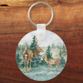Buck Doe Snow Forest Winter Scene Monogram Sleutelhanger (Voorkant)