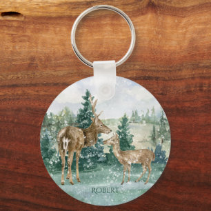 Buck Doe Snow Forest Winter Scene Monogram Sleutelhanger