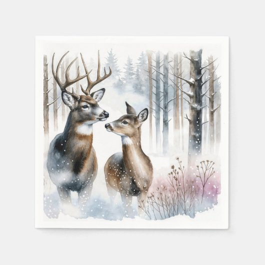 Buck en Doe in de winter Bossen Servet (Voorkant)