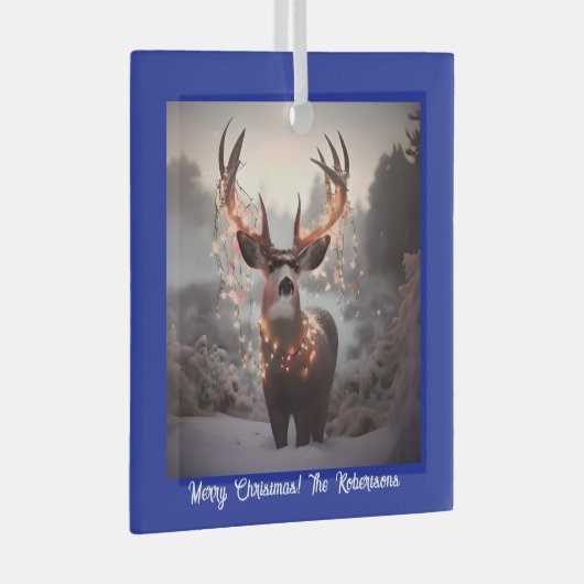Buck en Kerstmis Lichten Blauw Glas Ornament (Voorkant Rechts)