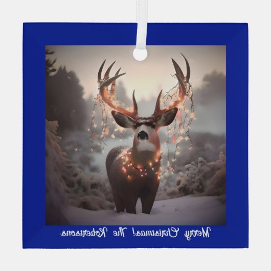 Buck en Kerstmis Lichten Blauw Glas Ornament (Achterkant)